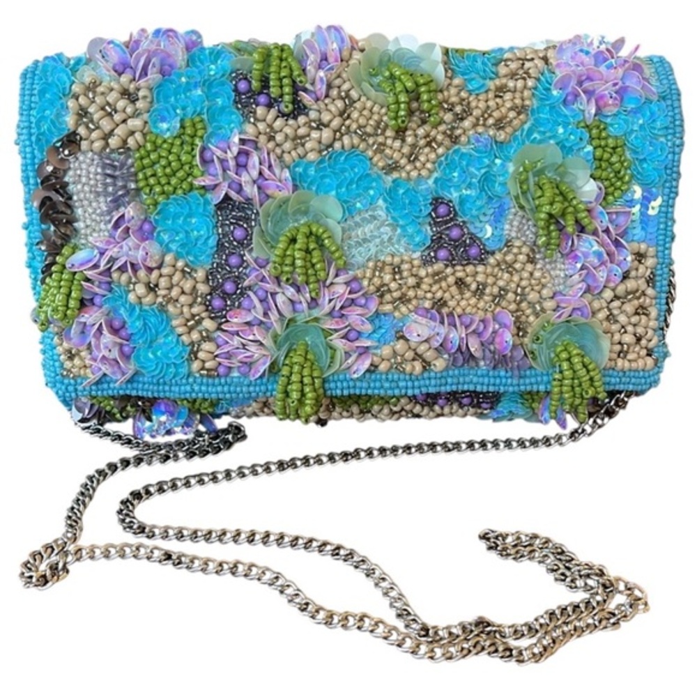 Turquoise,Purple, Green & Cream Sequin & Beaded Clutch/Cross body/Shoulder Bag
